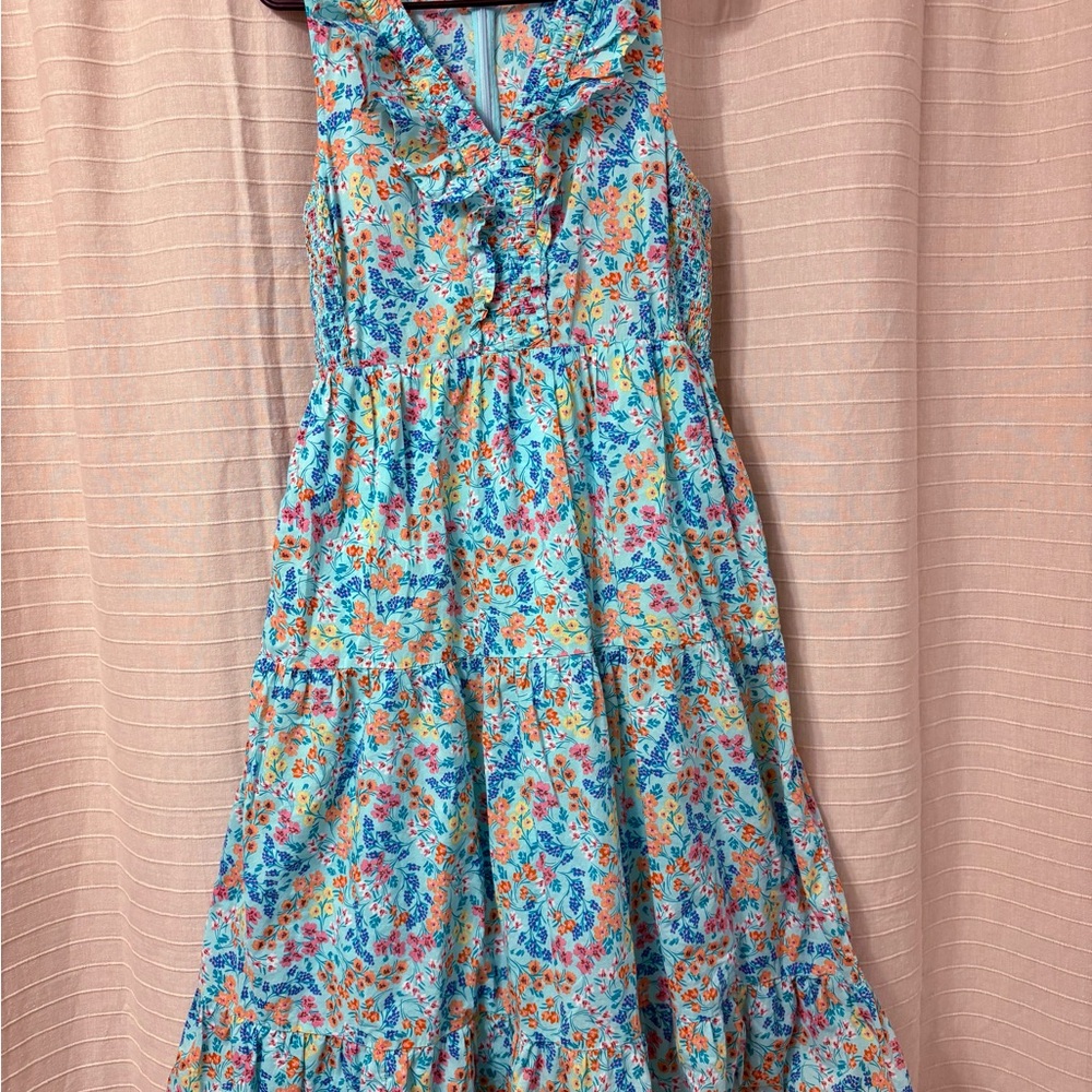 J. Crew Aqua Multi-Color Floral Ruffle Midi Dress